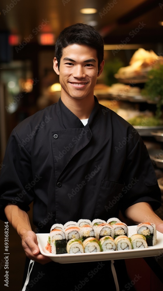 handsome chef holding a tray of beautifully crafted sushi rolls