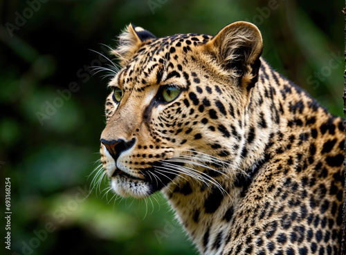 Closeup photo of a Leopard in the wild, with a majestic gaze, and beautiful sunlight pouring through the forest leaves, ultra HD high resolution nature photo with beautiful detail and fur