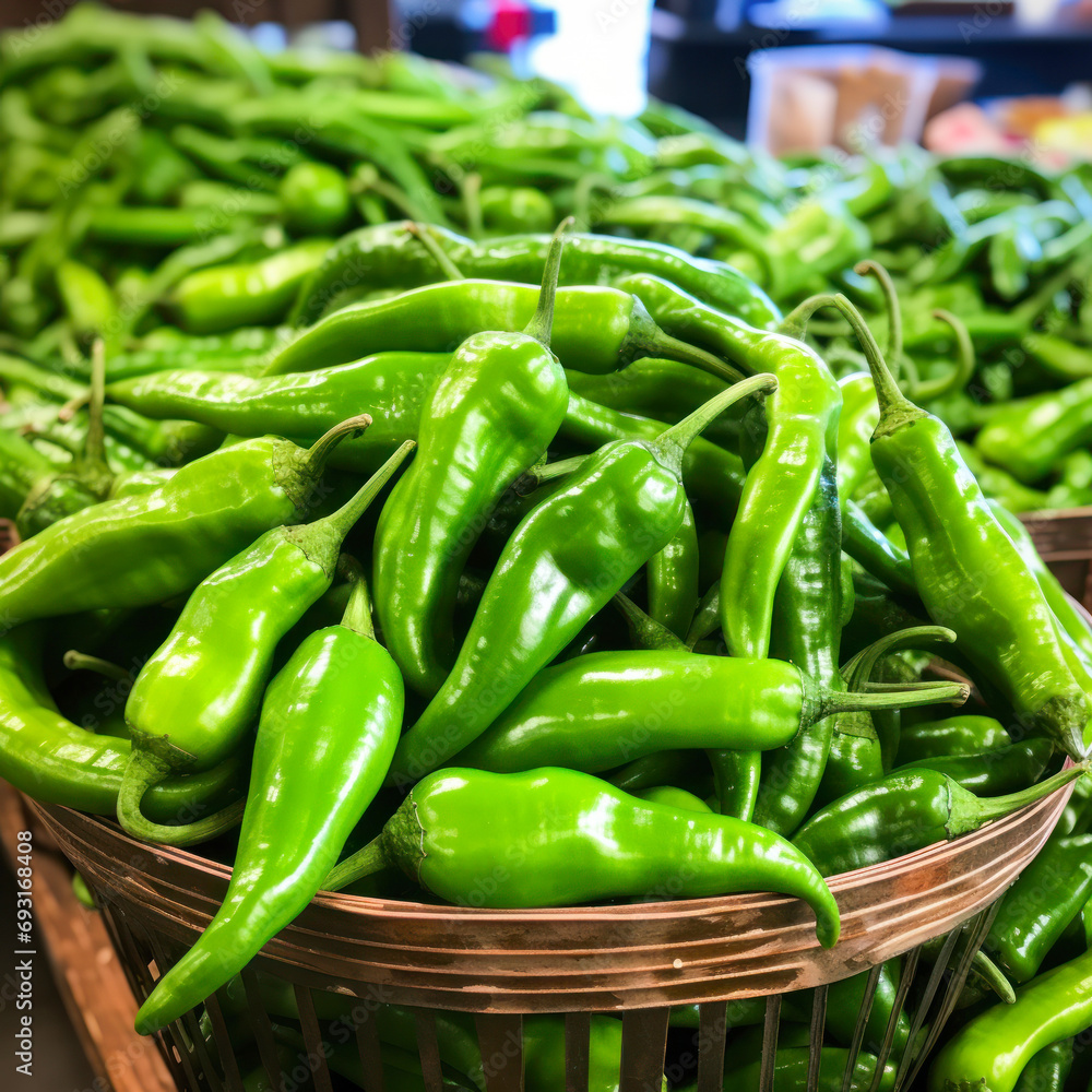 Fresh green chilli in wooden basket Fresh green chilli in wooden basket