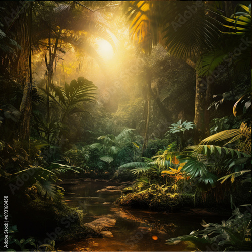 tropical forest with golden light