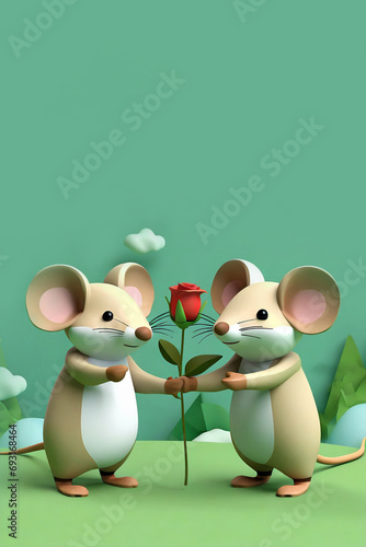 Valentines Day card. Pair of mice and red rose  love background with copy space. 