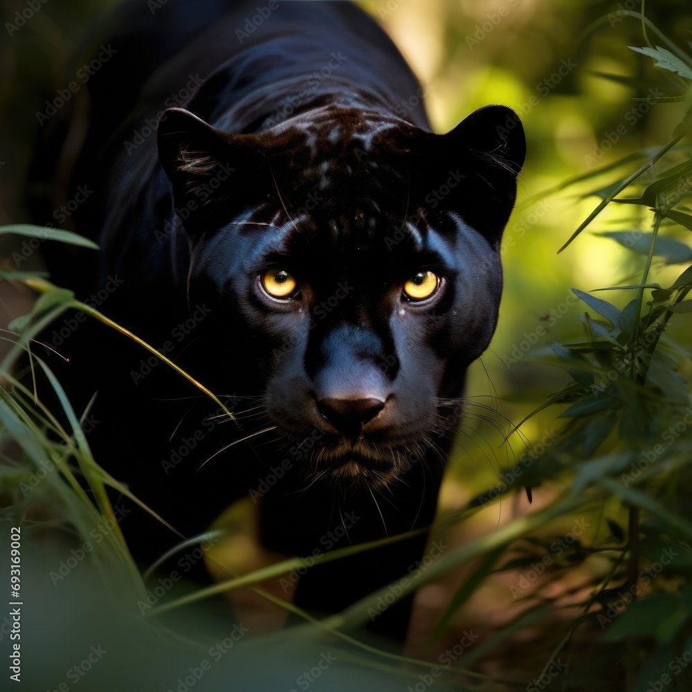 A sleek and powerful black panther prowls through the underbrush