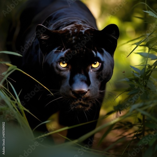 A sleek and powerful black panther prowls through the underbrush