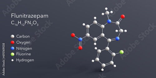 flunitrazepam molecule 3d rendering, flat molecular structure with chemical formula and atoms color coding photo