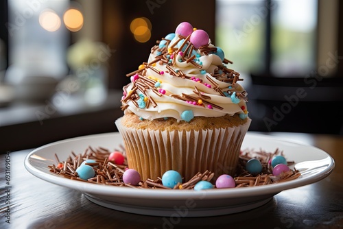 Easter cupcakes with colorful  sprinkles and decorative eggs on the table photo