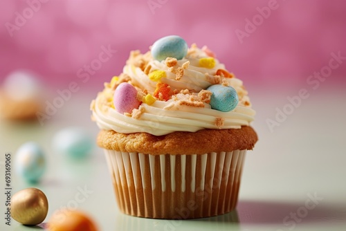 Easter cupcake with  colorful  sprinkles and decorative eggs photo
