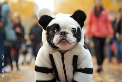 cute boston terrier dresses up as an panda photo