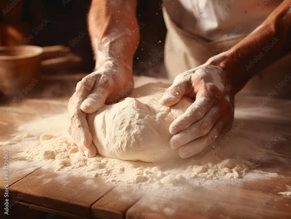 Close-up shot of a baker's hands kneading dough Close-up shot of a baker's hands kneading dough