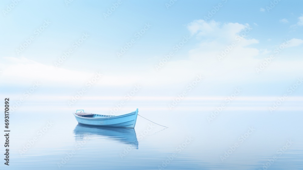 a small boat floating on top of a large body of water under a blue sky with a small white boat in the middle of the water with a rope attached to the front of the boat.
