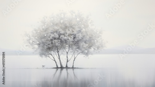  a painting of a tree on a small island in the middle of a body of water with a bird sitting on top of the tree in the middle of the water.