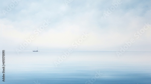  a boat floating in the middle of a large body of water on a foggy day with a boat in the distance in the middle of the water and a light blue sky.