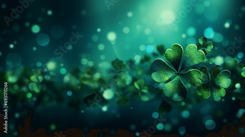 Green Happy Saint Patrick s Day background. Abstract bright and blurry clovers backdrop template. Happy Patrick s Day banner with flying lucky shamrock leaves and copy space. Stock illustration