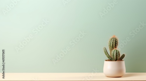  a small cactus in a white pot on a wooden table against a mint green wall with a wooden table and a white vase with a small cactus in the foreground.