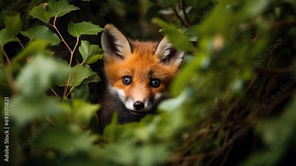 Fototapeta premium a close up of a small fox peeking out from behind a leafy branch with green leaves on the other side of the frame, with a blue - eyed, wide - eyed