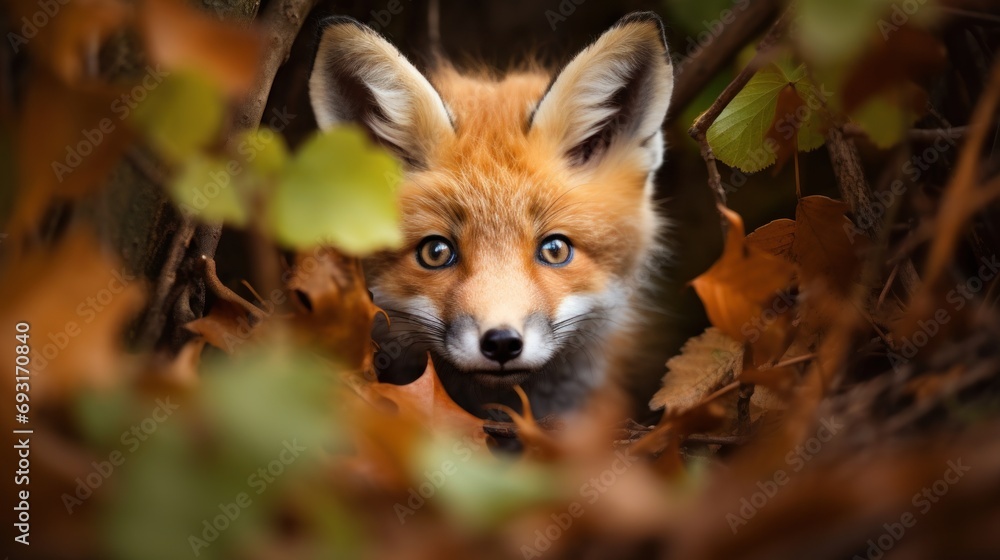 Fototapeta premium a close up of a fox's face peeking out from behind a pile of leaves with leaves on the ground in the foreground and leaves in the foreground.