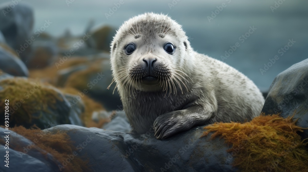 Fototapeta premium a close up of a seal on a rock with moss growing on it's sides and a body of water in the background with rocks in the foreground.