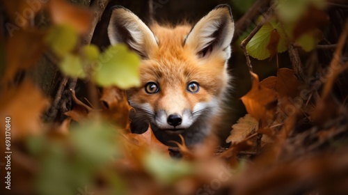  a close up of a fox's face peeking out from behind a pile of leaves with leaves on the ground in the foreground and leaves in the foreground.