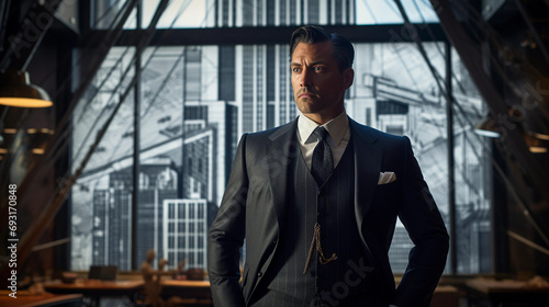 Wallpaper Mural architect portrait, standing by blueprints, against a backdrop of the Empire State Building Torontodigital.ca