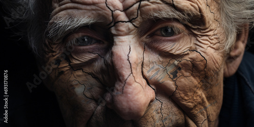 Elderly person's face with map contours and rivers for wrinkles
