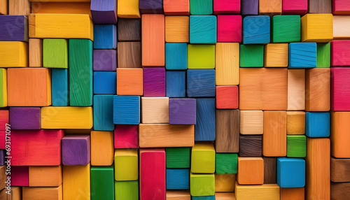 Colorful background of wooden blocks. A Spectrum of multi colored wooden blocks aligned. Background or cover for something creative or diverse.