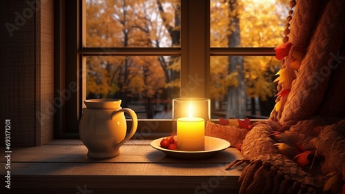 autumn background. yellow leaves and candles on wooden table in autumn window. cozy autumn home interior. cozy home. © Vahagn