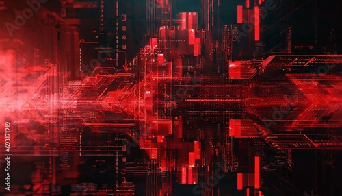 hypnotic abstract red digital code cyber glitch background 3d illustration psychedelic stylish artificial intelligence backplate with block graphics and code fragments depicting a computer hack