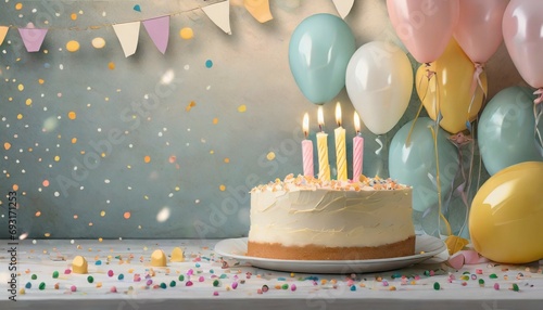 light pastel colored birthday background with a cake and candles on the right side of the image decorate the left side of the image with balloon confetti decorations