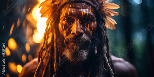 Mystical shaman portrait, face adorned with glowing runes, eyes ablaze with fire © Marco Attano