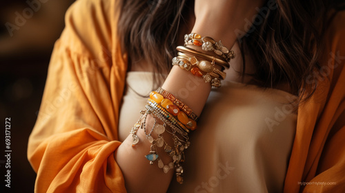 female hand with golden bracelets