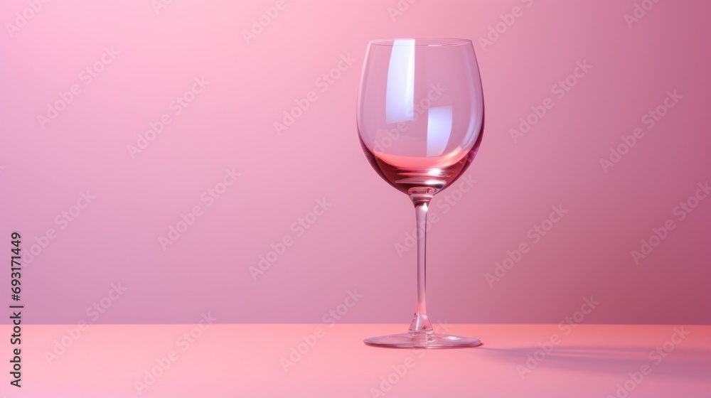  a close up of a wine glass on a table with a pink back ground and a pink wall behind the glass is a half empty wine glass and half empty. - obrazy, fototapety, plakaty 