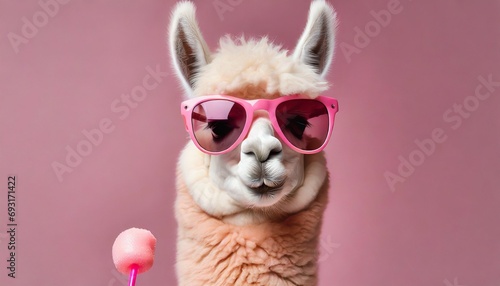 cute lama alpaca with bubblegum in trendy pink sunglasses on pink background with copyspace generative ai © Kendrick