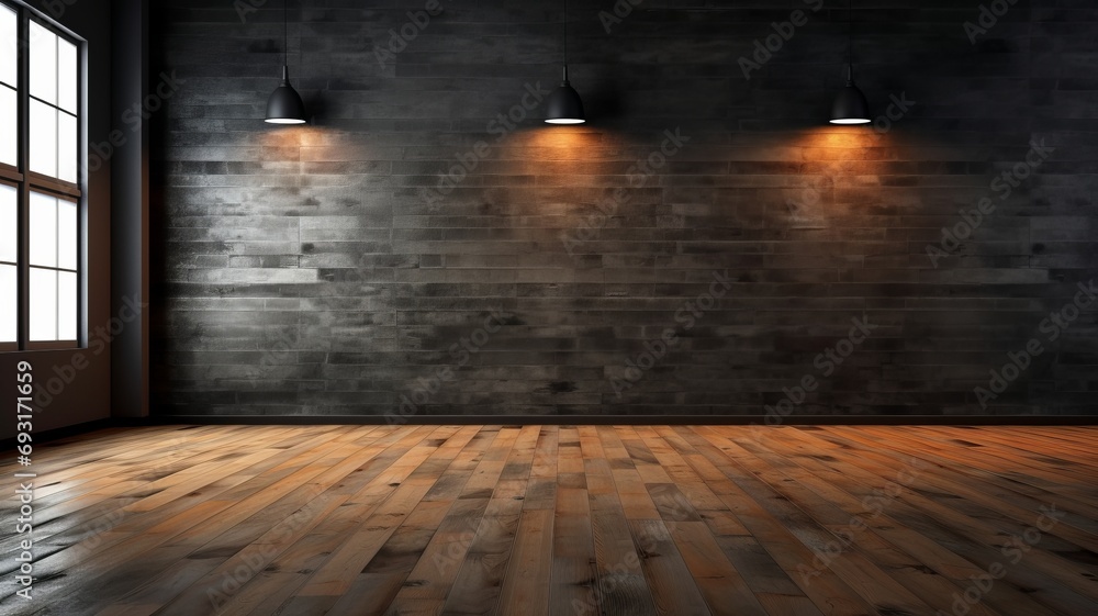 Beautiful entirior background for presentation black wall and wooden floor Beautiful entirior background for presentation black wall and wooden floor