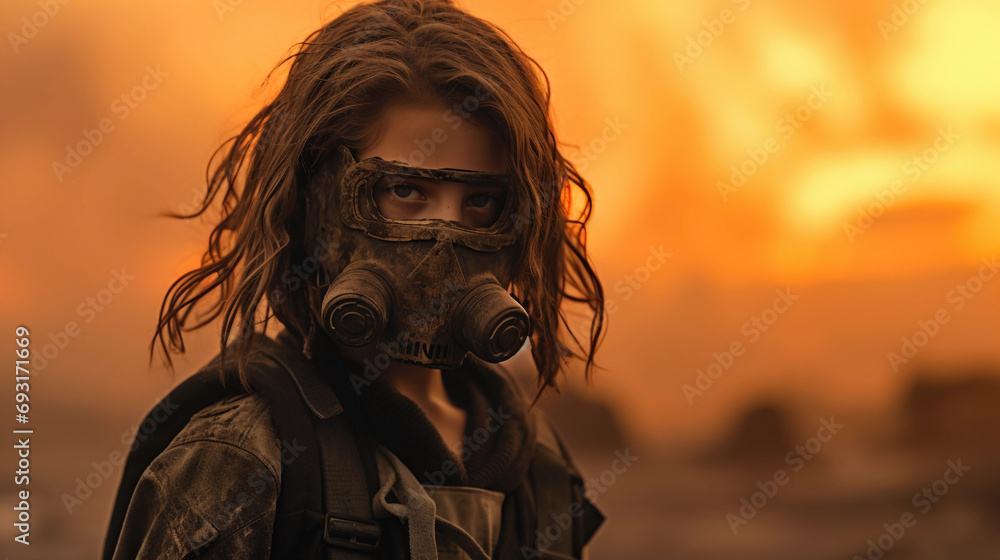 survivor portrait, face smeared with ash, eyes piercing through a tattered gas mask