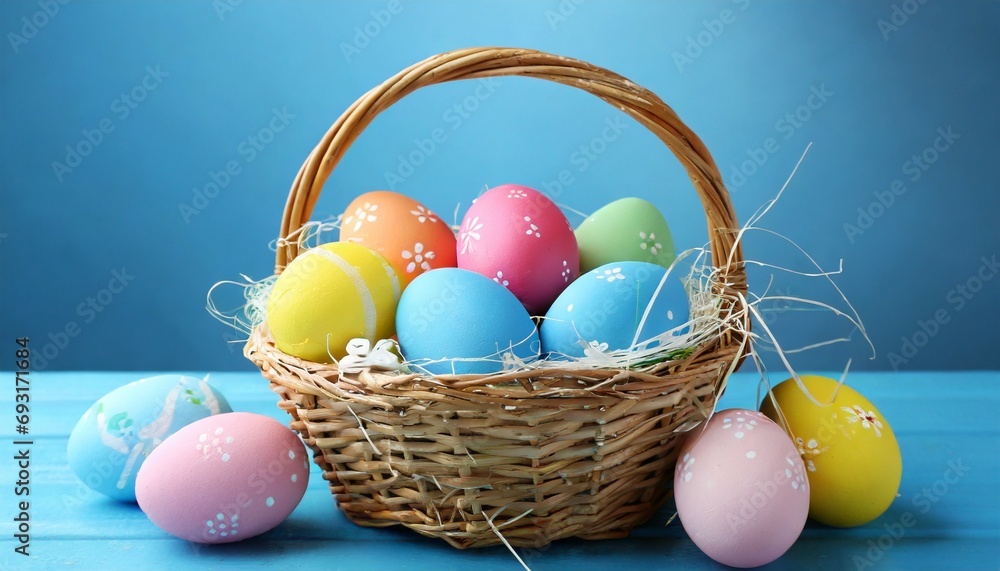 colorful easter eggs in basket on blue background