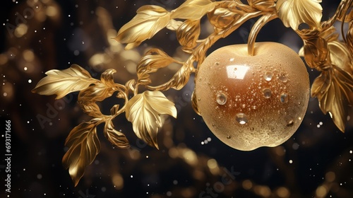  a golden apple hanging from a tree branch with water droplets on it's leaves and a black background with gold leaves and snow flecking on the branches. photo