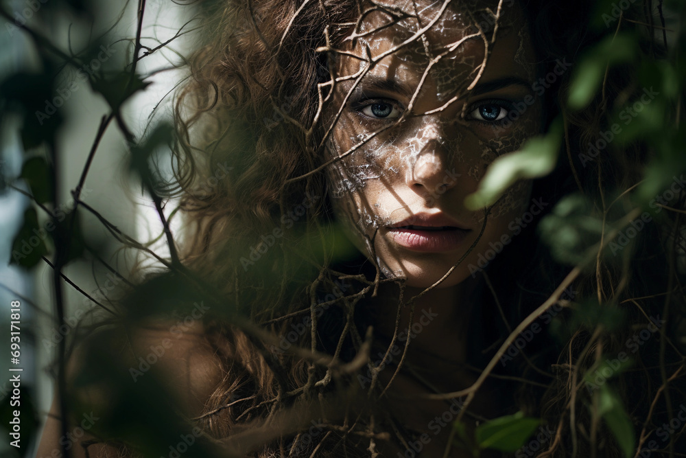 Obraz premium organic materials, subject's face partially obscured by branches and leaves