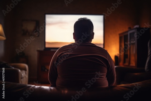 view from behind of a fat man watching television sitting on sofa eating popcorn