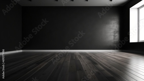 Beautiful entirior background for presentation black wall and wooden floor © PawsomeStocks