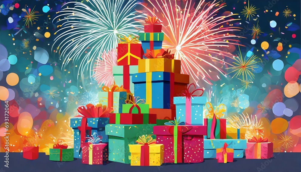 giant pile of colorful present boxes fireworks festive background