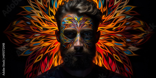 Surreal portrait with fractal face, infinite geometric patterns replacing facial features, kaleidoscopic effect