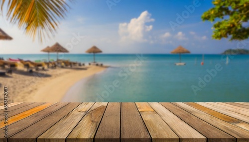 wood floor deck on blur beach background can be used for display or montage your products high quality photo