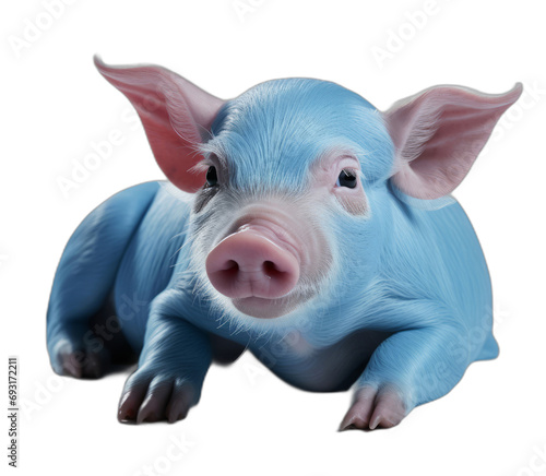 A Playful Blue Pig Resting on a Clean White Floor