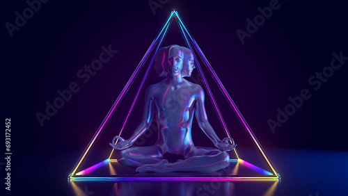 3D illustration of a meditating three-headed sage inside a pyramid photo