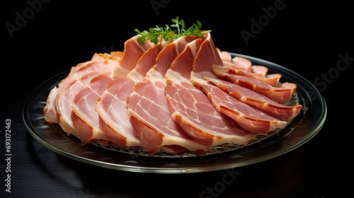  a platter of sliced ham sitting on top of a glass plate on top of a wooden table with a sprig of parsley on top of parsley.