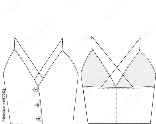 buttoned spaghetti straps vest blouse bustier template technical drawing flat sketch cad mockup fashion woman style design model