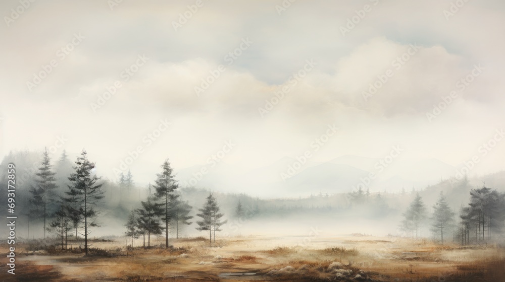  a painting of a landscape with trees in the foreground and a foggy sky in the background, with a mountain range in the distance, in the foreground, in the foreground, in the foreground is a.