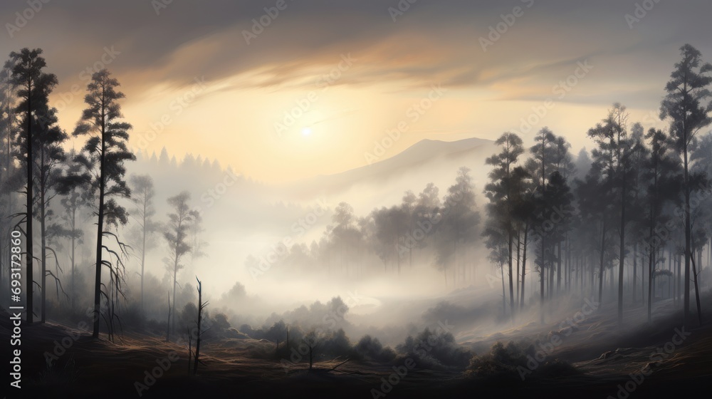 a painting of a foggy forest with trees in the foreground and the sun in the distance, with a hazy sky in the middle of the foreground. a painting of a foggy forest with trees in the foreground and the sun in the distance, with a hazy sky in the middle of the foreground.