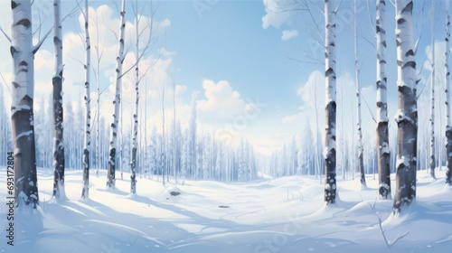  a painting of a snowy landscape with trees in the foreground and a blue sky in the background with white clouds in the middle of the sky and bottom right.