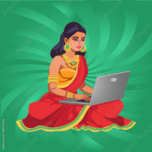 Indian woman in saree using laptop computer. Vector cartoon illustration. photo