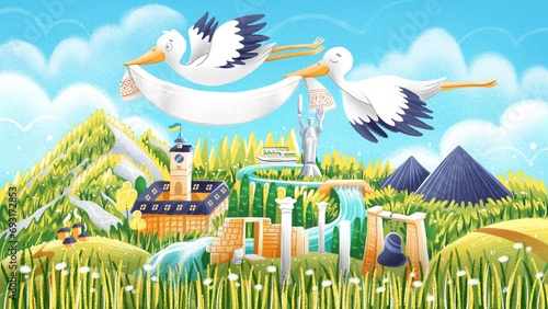 Illustration of storks flying over Ukraine in cartoon style.